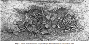 From Marshall et al. 2011, figure 2, showing the burial position of the two children.  Note that this is not a photograph but rather a sketch image. While it’s important to show the disposition of the skeletal elements in order to illustrate the scientific background, out of respect for descendent communities I (and others) feel it is inappropriate to post actual photographs of human remains without permission.  