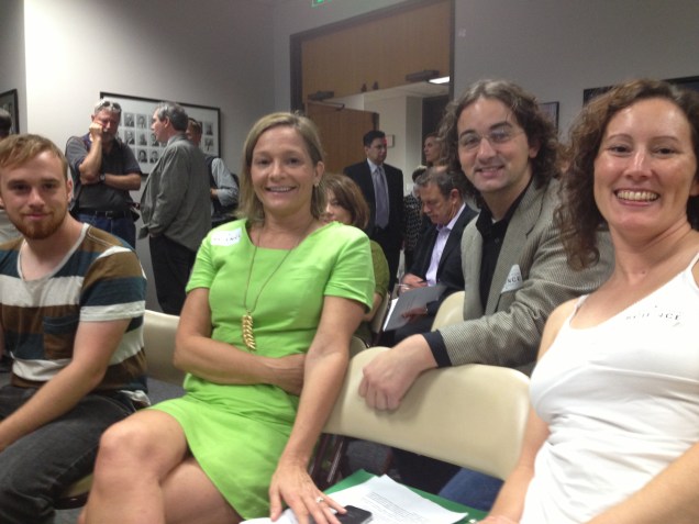 A sampling of people present to speak on behalf of evolution/climate change education: Nikoloi Litvonyenkov (UT student), Kristen Miller White (professional geologist), Arthur Stewart (Senior minister, Midway Hills Christian Church), and Jennifer Darrouzet (Software engineer).