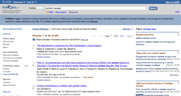 PubMed search results "autism causes" (limited to papers published in 2013)