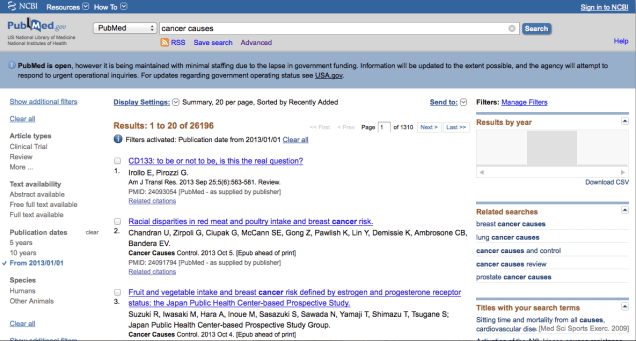 PubMed search results for "cancer causes" limited to papers published in 2013